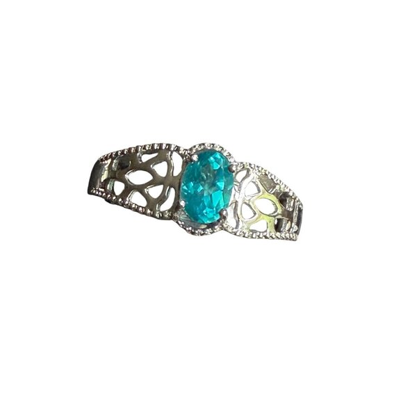 Sterling Silver Topaz Oval Blue Topaz& Filigree Design Size 10 - Picture 5 of 7
